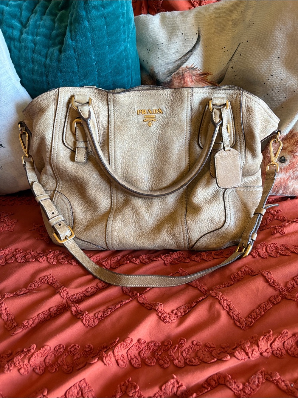 Prada Beige Leather Shoulder Bag with Gold Hardware